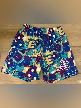 Eric Emanuel EE Teal Purple Yellow Floral Mesh Shorts graffiti Sz M Elastic